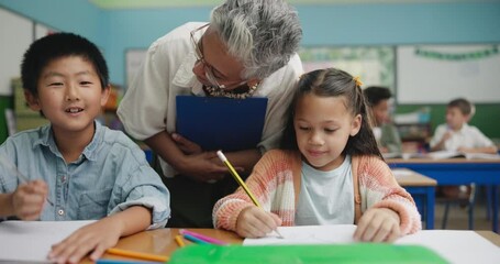 Aufkleber - Children, woman and writing in classroom helping, support and teaching reading for education knowledge. Students, teacher and notebook study, drawing and creative growth of learning development goal