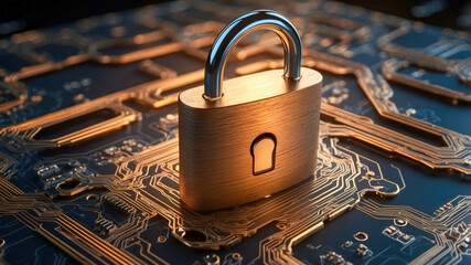 Poster -  A glowing padlock on a digital circuit board, symbolizing cybersecurity and data protection