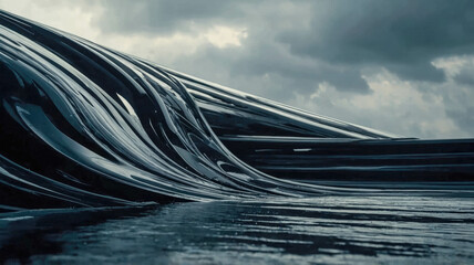 Poster - Abstract black liquid shapes flowing against a cloudy sky backdrop