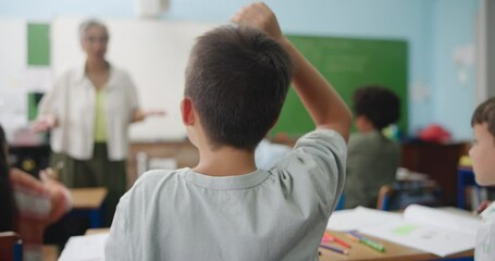 Aufkleber - Child, classroom and answer teacher with hand, academic knowledge and education development. Learner, school kids and lesson solution or test question, scholarship and student growth or discussion