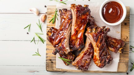 Wall Mural - Grilled rabbit ribs with barbecue sauce on a white wooden table, flat lay perspective