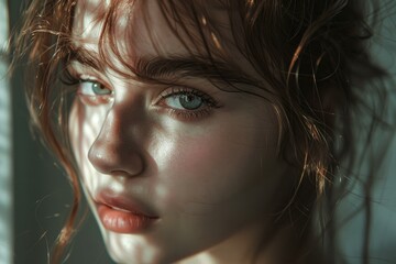 Poster - Closeup of a young woman's face with striking eyes and shadows cast by natural light