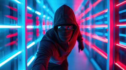 Poster - A man in a hoodie is running through a brightly lit tunnel. The tunnel is filled with neon lights, creating a futuristic and intense atmosphere