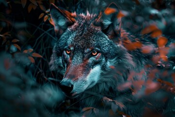 Poster - Captivating closeup of a wolf with piercing eyes amongst autumn foliage