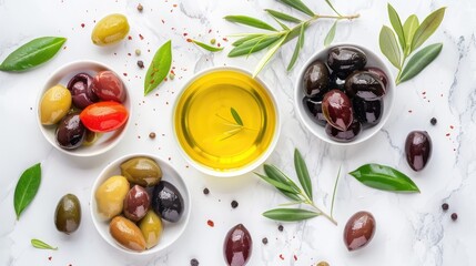 Wall Mural - Assorted olives on marble with olive oil and leaves Vegan Mediterranean food display