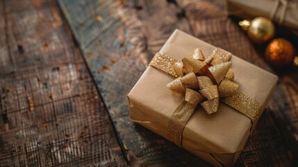 Poster - Christmas gift embellishment with gold wrapper and bow on wooden surface