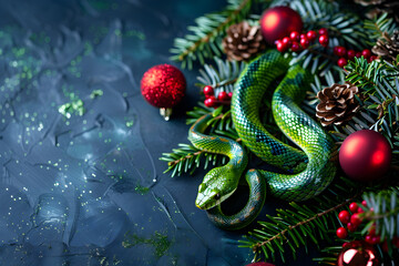 Wall Mural - wooden background with new year decoration and snake, symbol of 2025