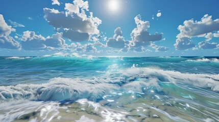 Wall Mural - Bright sunny day at the beach with clear blue sky and dynamic waves. AI-generated ocean scene for backgrounds, wallpapers, or promotional materials. Vibrant and refreshing summer scenery. AI