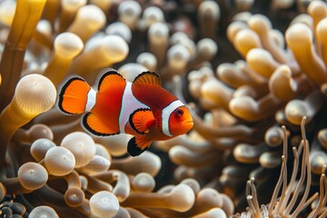 Sticker - Colorful clownfish nestled in the safety of its symbiotic anemone home in a marine aquarium setting