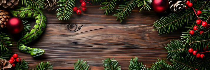 Wall Mural - wooden background with new year decoration and snake, symbol of 2025. copy space, banner