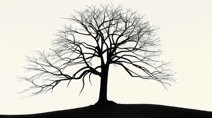 Sticker -   A monochrome snapshot of a bare tree atop a hill against a backdrop of crisp white sky