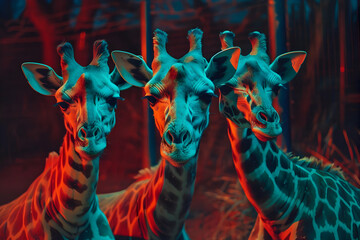 Poster - Three Giraffes Under Neon Lights