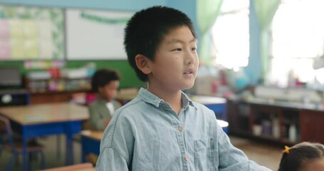 Aufkleber - Boy, talking and answer with student in classroom, kindergarden and lesson or quiz solution with Asian learner. Academic, growth and education development, knowledge discussion and children listening