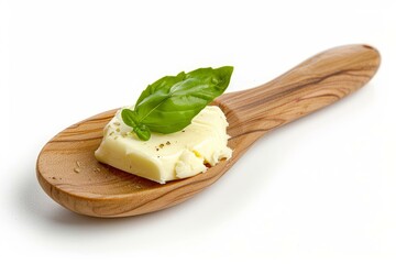 Sticker - Pat of creamy butter with fresh basil on an elegant wooden spoon, isolated on white