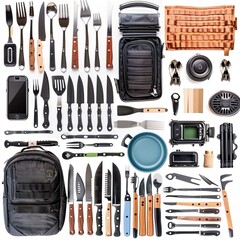 A meticulously arranged collection of various everyday items, organized neatly on a white background. The items prominently include a selection of cutlery such as knives, forks, and spoons, many of wh