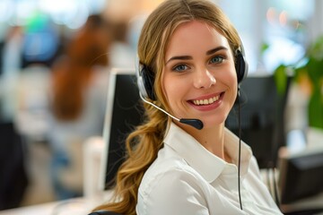 Poster - Confident young woman with headset working in a bright modern office environment