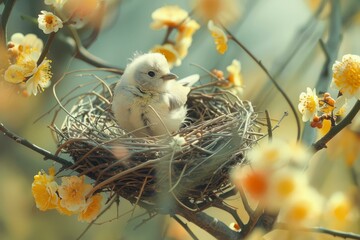 Poster - Peaceful bird rests in a nest surrounded by vibrant spring flowers, conveying new life and serenity