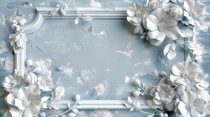 Wall Mural - Blue and white stucco wallpaper with white flowers and decorative elements