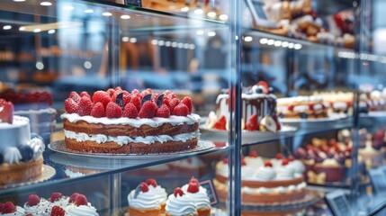 Poster - Assorted cakes in a bakery display case. The picture shows a beautiful assortment of cakes with various toppings.