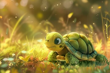 Poster - Whimsical and magical digital art illustration of a cute turtle in an enchanted forest scene with sparkling lights. Vibrant colors. And a glowing ambient