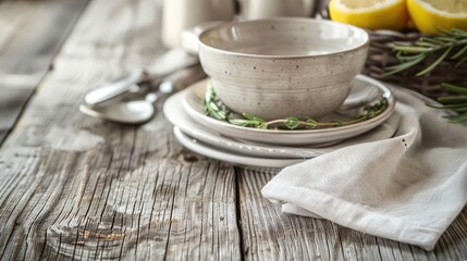 Poster - Napkin on vintage table with kitchenware