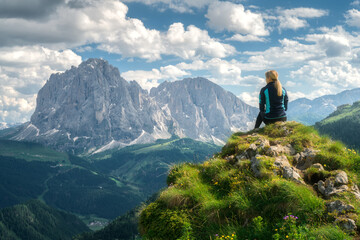 Wall Mural - sitting girl on the peak with yellow flowers and green grass in beautiful alpine mountain valley at 