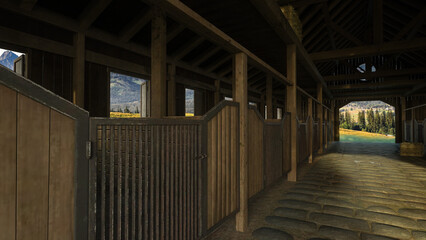 Poster - Country ranch stable interior with stone floor. 3D render.