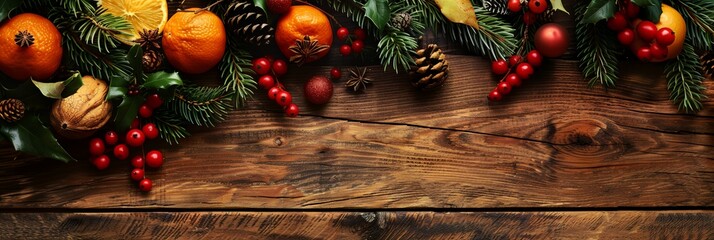 Wall Mural - a wooden table topped with lots of fruit and pine cones