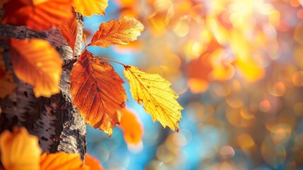 Autumn tree branches with leaves close up wallpaper background