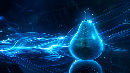 Wall Mural - A glowing blue pear is surrounded by dynamic light trails on a dark, reflective surface, creating a futuristic and surreal atmosphere.