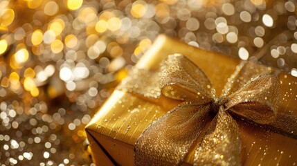 Wall Mural - Yellow gold gift box with ribbon on table top view with bokeh background Christmas party surprise