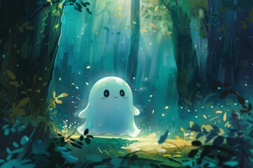 Poster - A cheerful ghost in a vibrant, magical woodland