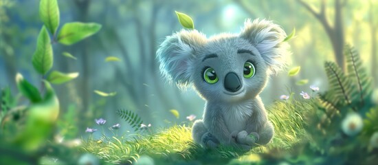 Cartoon-style koala with lime green eyes sitting in a lush forest surrounded by plants and flowers