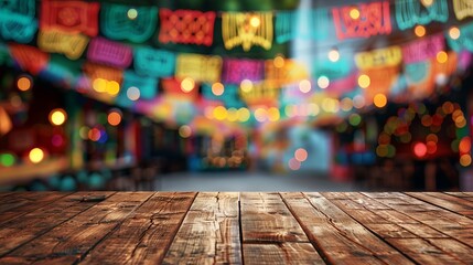 A wooden table set in a festive environment with colorful flags hanging in the background, creating a lively and cheerful Mexican-inspired celebration scene.