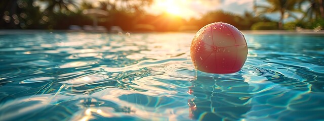 Wall Mural -  Summer holidays background with colorful beach ball floating on luxury swimming pool and copy space 