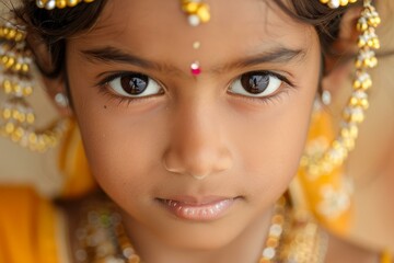 Sticker - Closeup of a child's face with traditional indian jewelry, expressing cultural beauty