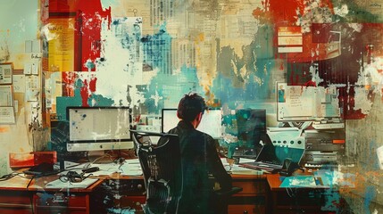 Wall Mural - This image depicts a person working alone in a vibrantly decorated office, focusing on multiple screens and surrounded by various documents, exuding a dynamic professional environment.