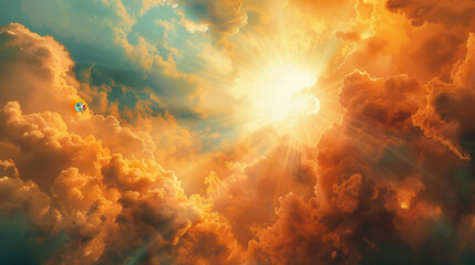 Wall Mural - An artistic depiction of the sun peeking through thick clouds, rays of light fanning out and illuminating the sky. The clouds are painted in rich, warm tones of orange and yellow