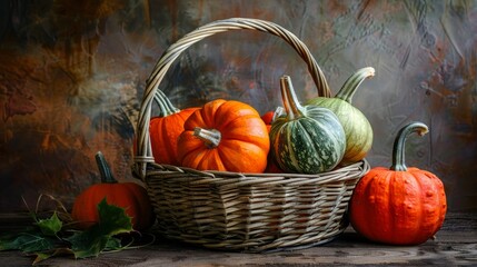 Pumpkins in basket thanksgiving autumn harves wallpaper background