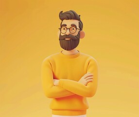 cartoon bearded man in yellow sweater on orange background - 3d illustration for design and marketin