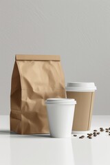 Poster - Two coffee cups and a paper bag on a table, perfect for a morning break or a quick pick-me-up