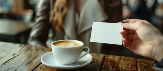 Sticker - Hand Holding a White Card with a Cup of Latte in the Background