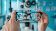 © Damerfie - A pair of black eyeglasses being held by both hands, with various optometry tools visible in the blurred background, emphasizing vision care and precision in a bright, clinical setting.