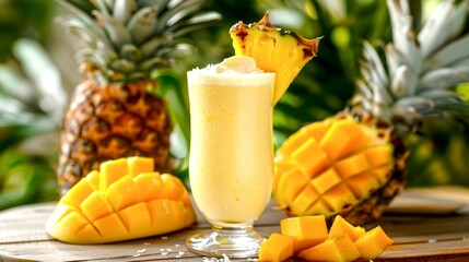 Canvas Print - Refreshing tropical mango and pineapple smoothie on a wooden table. Vibrant colors and fresh fruits make this smoothie perfect for a healthy lifestyle and diet. AI