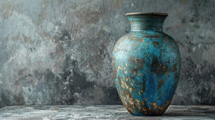 Wall Mural - Vintage blue ceramic vase on gray surface with space for text