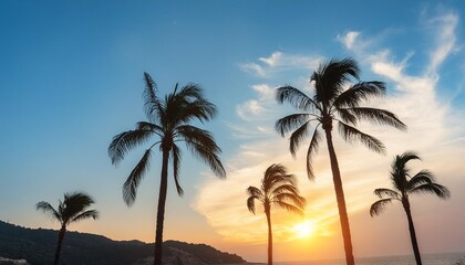 Wall Mural - silhouette of palm trees on sunset sky background