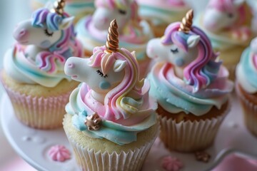 Poster - Closeup of delightful unicornthemed cupcakes adorned with pastel rainbow swirls