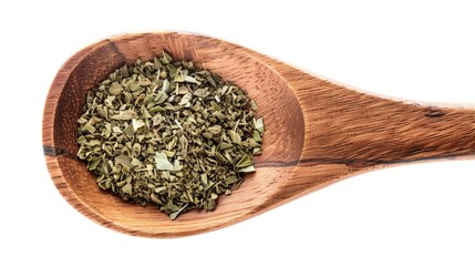 Poster - A wooden spoon filled with dried herbs sits on a white surface, ready for use in cooking or as a decorative item