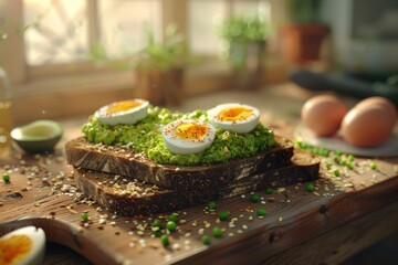 Aufkleber - A simple breakfast setup featuring a wooden cutting board topped with a slice of bread and scrambled eggs