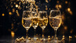 © ipolstock - Two elegant champagne glasses filled with bubbly wine, set against a backdrop of glittering fireworks. New Year's Eve, Christmas, anniversary, or celebratory themes.